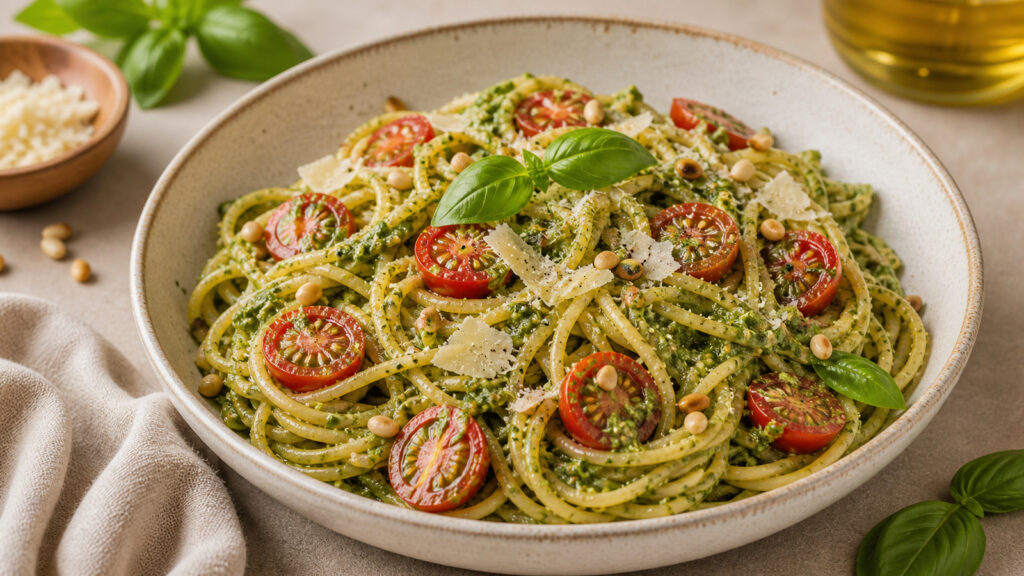 Pesto Pasta with Cherry Tomatoes recipe served fresh with a beautiful homemade presentation