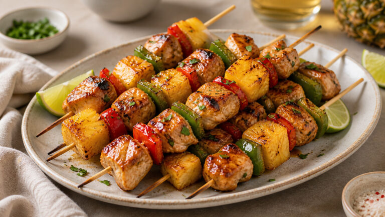 Pineapple Chicken Skewers recipe served fresh with a beautiful homemade presentation