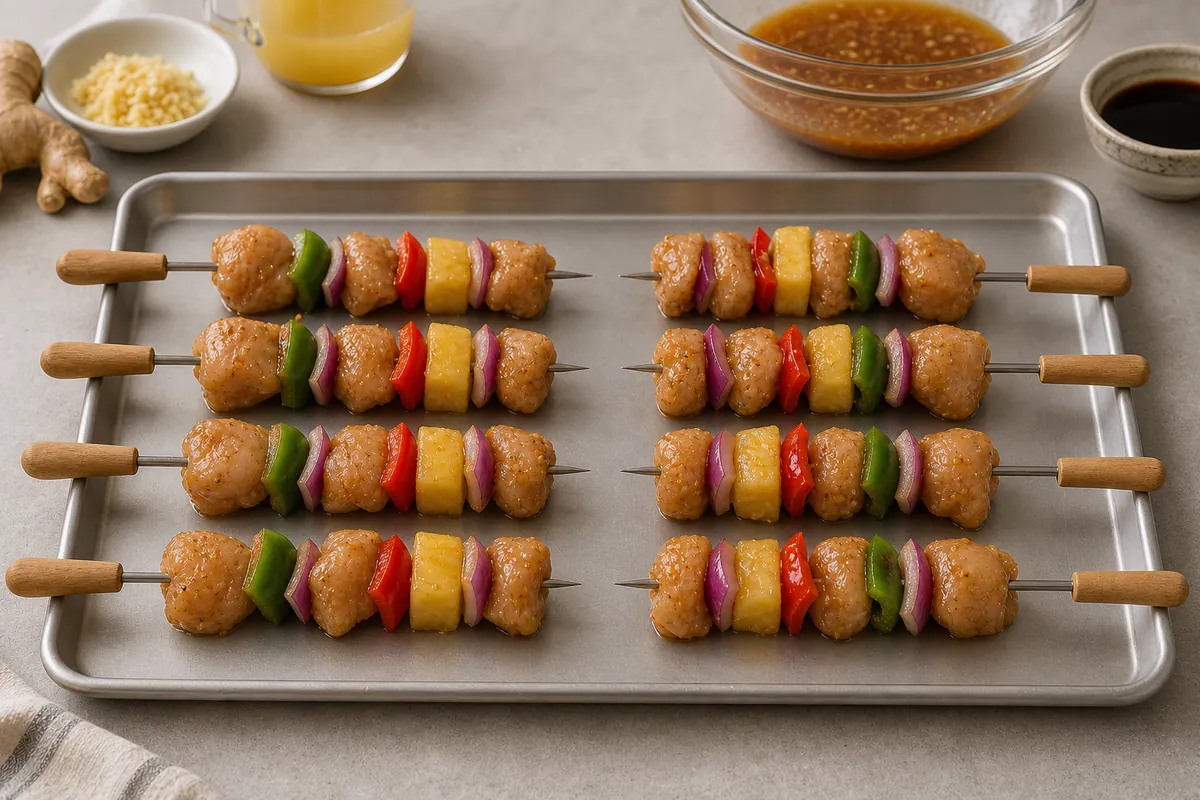 Assemble skewers for Pineapple Chicken Skewers