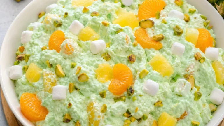 Pistachio mandarin fluff salad with green pistachio cream, mandarin oranges, mini marshmallows, pineapple, and pistachios