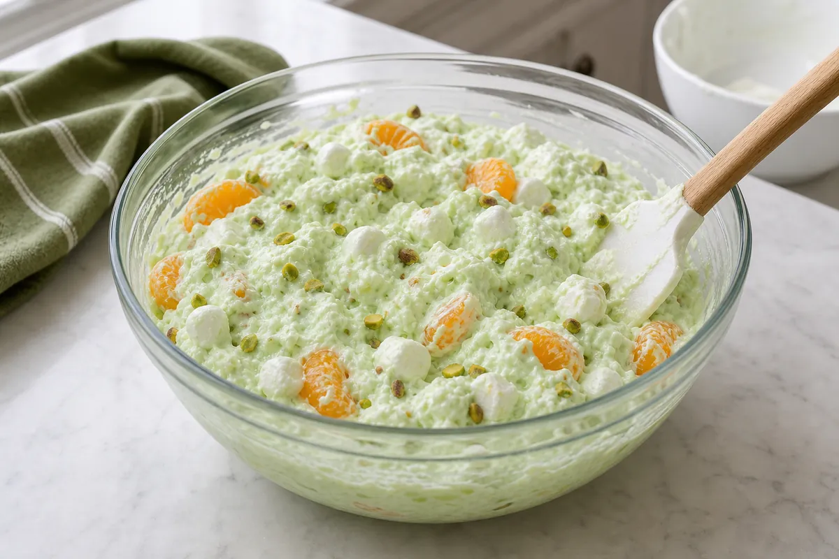 Fold in the whipped topping for Pistachio Mandarin Fluff Salad