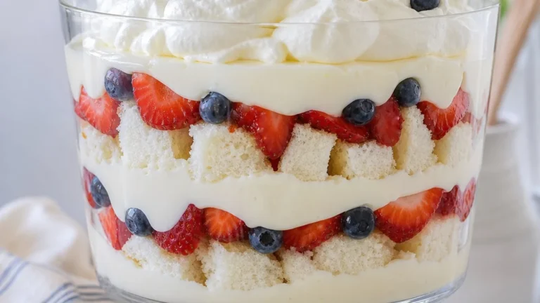 Red white and blue berry trifle layered with angel food cake, vanilla cream, strawberries, blueberries, and whipped cream