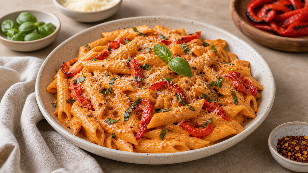 Roasted Red Pepper Pasta recipe served fresh with a beautiful homemade presentation