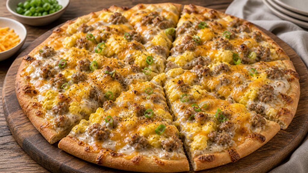 Sausage Gravy Breakfast Pizza recipe served fresh with a beautiful homemade presentation