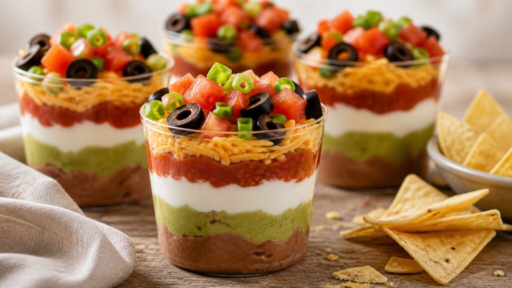 Seven Layer Dip Cups recipe served fresh with a beautiful homemade presentation