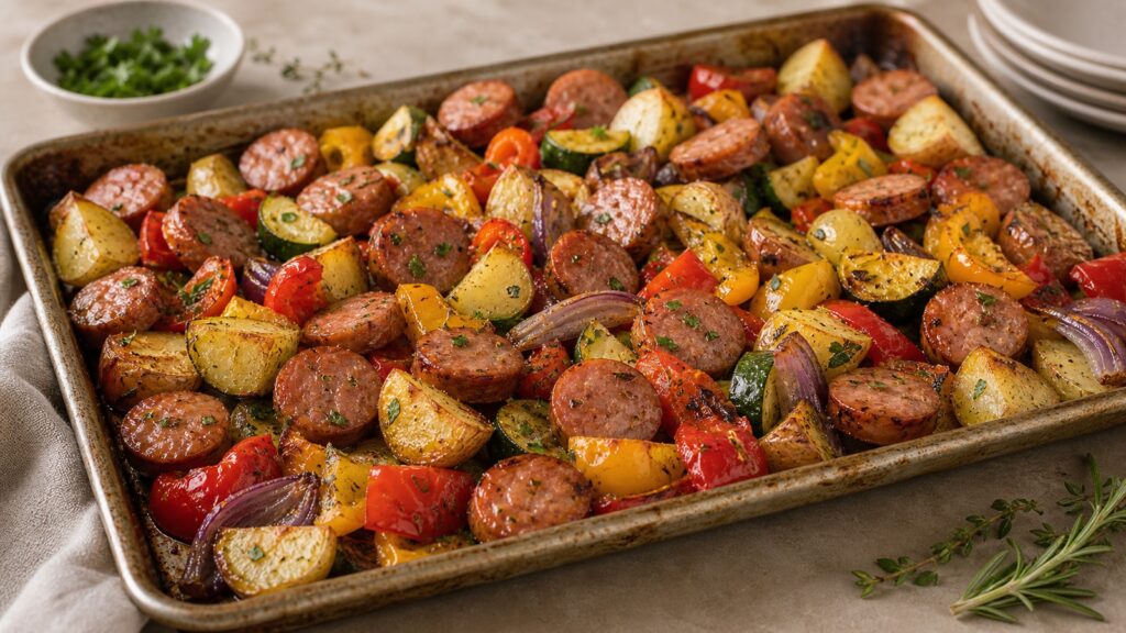Sheet Pan Sausage and Veggies recipe served fresh with a beautiful homemade presentation