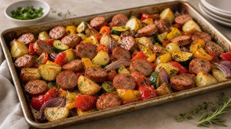 Sheet Pan Sausage and Veggies recipe served fresh with a beautiful homemade presentation