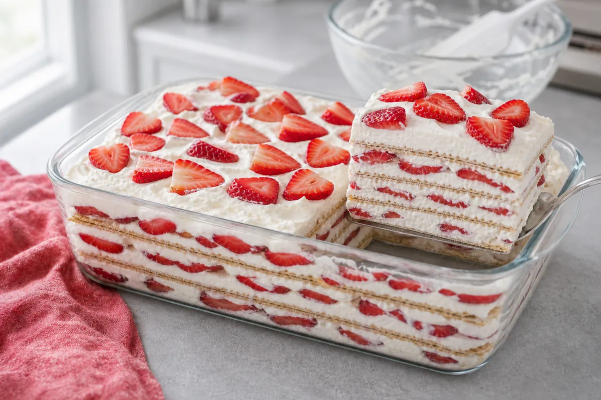Garnish and slice for Strawberry Icebox Cake