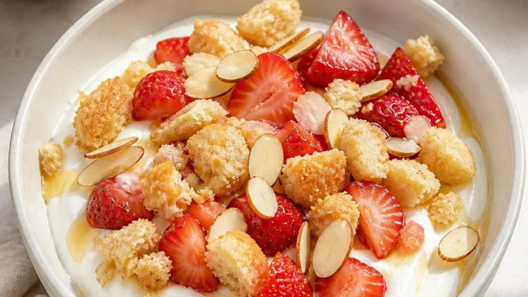 Strawberry shortcake yogurt bowl with Greek yogurt, strawberries, toasted cake cubes, sliced almonds, and honey