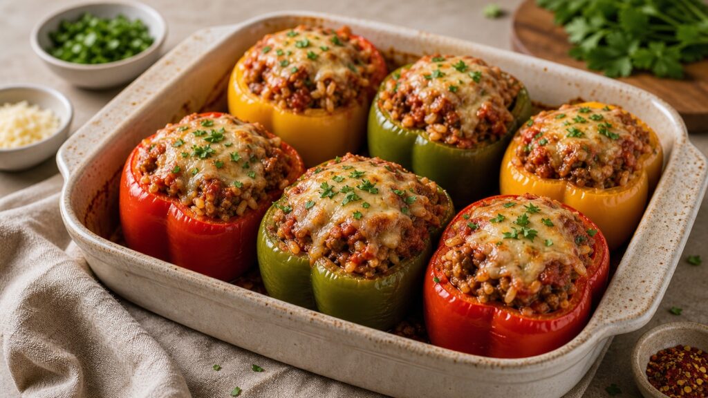 Colorful stuffed bell peppers filled with beef, rice, tomato sauce, and melted cheese