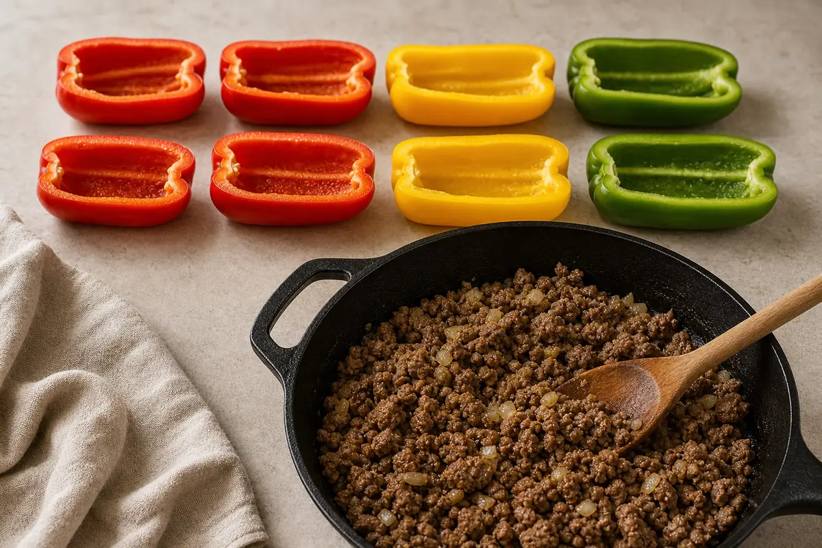 Cook the beef with onion and for Stuffed Bell Peppers