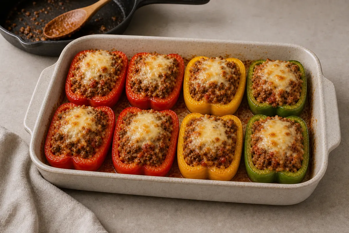 Bake until the peppers are tender for Stuffed Bell Peppers