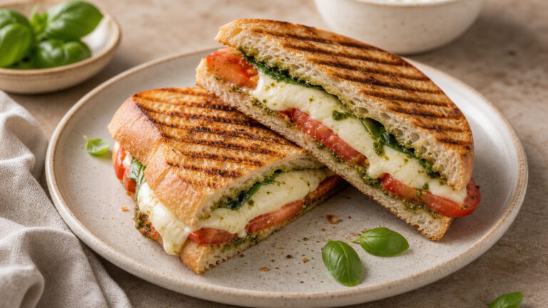 Crispy tomato mozzarella panini with melted cheese, tomato slices, and basil