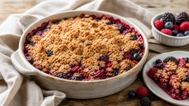 Triple berry crumble with golden oat topping and juicy mixed berries