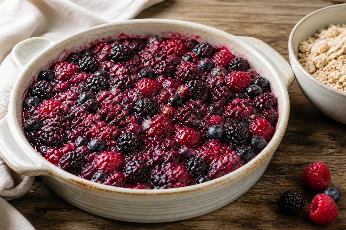 Spread the berry filling in a for Triple Berry Crumble
