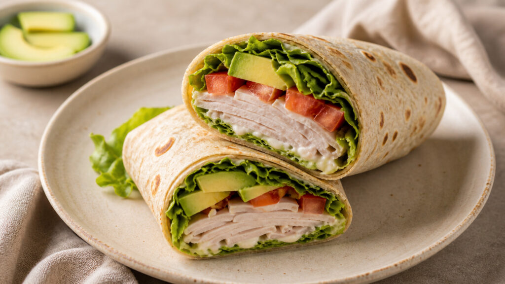 Turkey avocado wrap sliced in half with lettuce, tomato, and creamy avocado