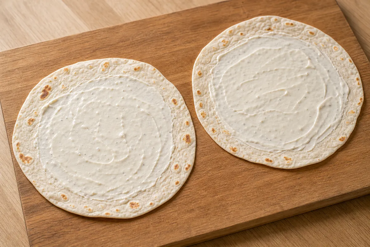 Lay the tortillas flat and spread for Turkey Avocado Wrap