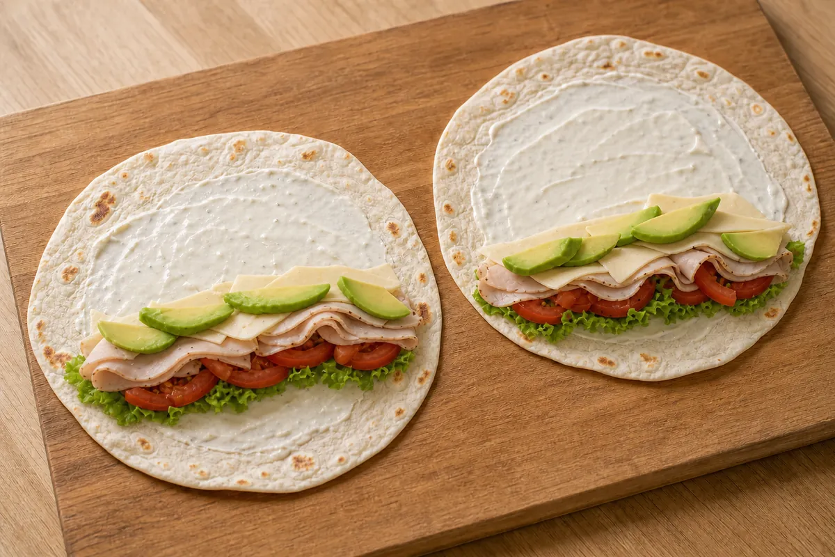 Layer turkey lettuce tomato and cheese for Turkey Avocado Wrap