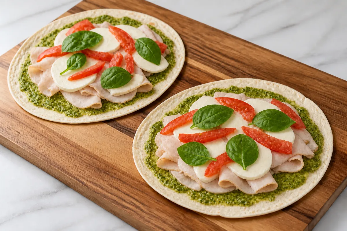 Layer the fillings for Turkey Pesto Caprese Wraps