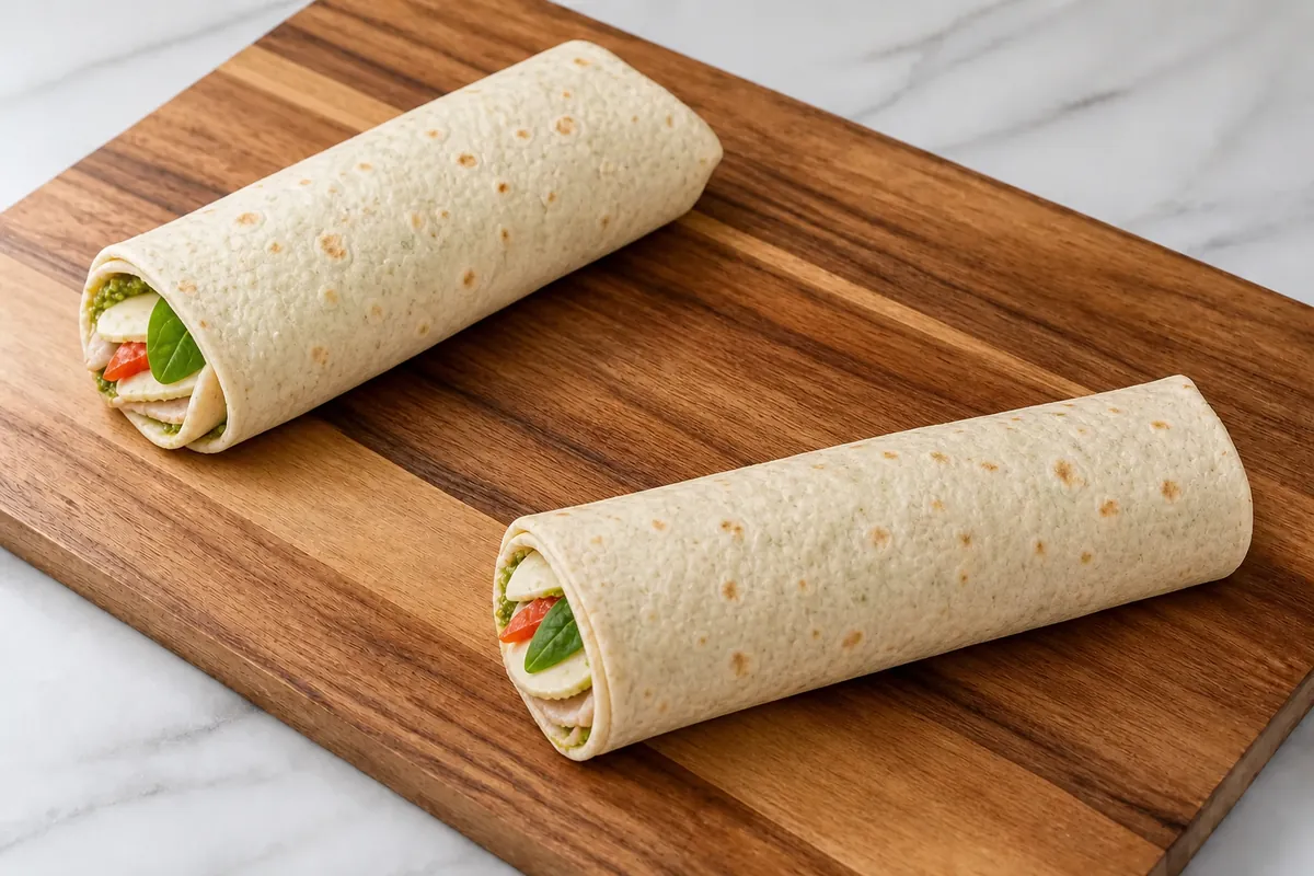 Roll tightly for Turkey Pesto Caprese Wraps