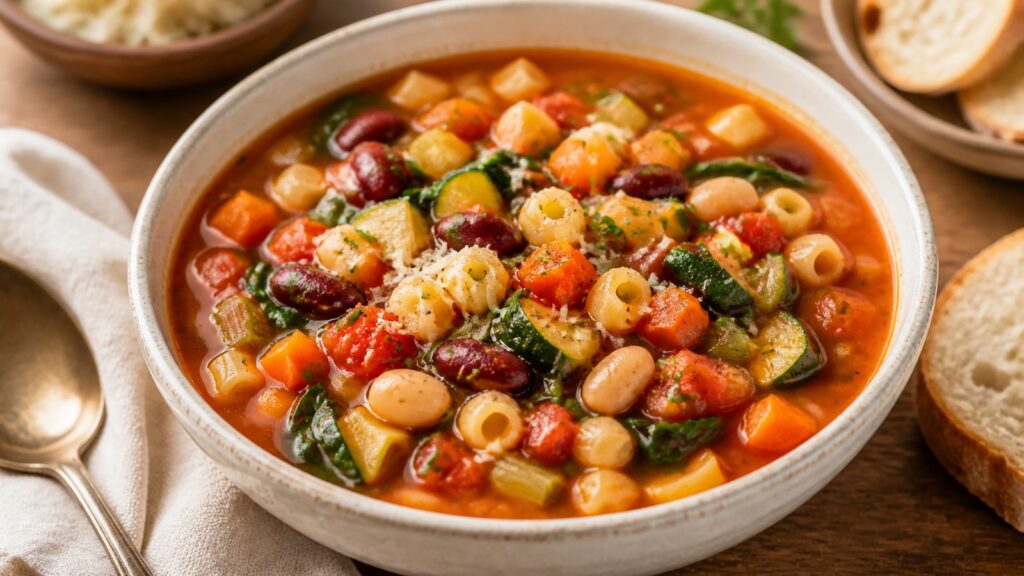 Vegetable minestrone soup with beans, pasta, tomatoes, and herbs