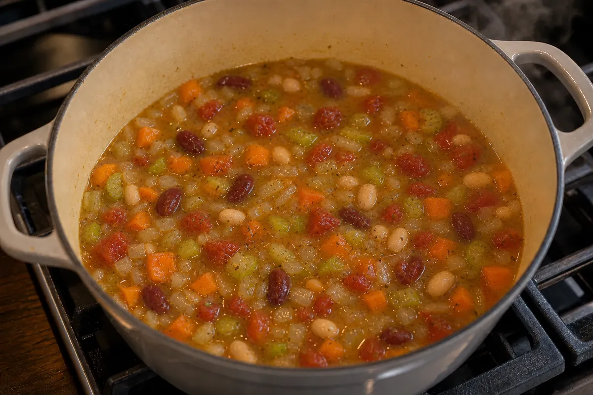 Add tomatoes broth beans seasoning salt for Vegetable Minestrone Soup