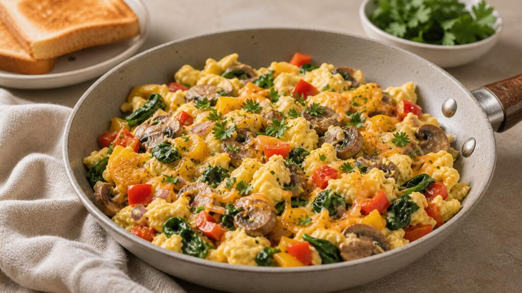 Veggie breakfast scramble with eggs, peppers, spinach, tomatoes, and herbs