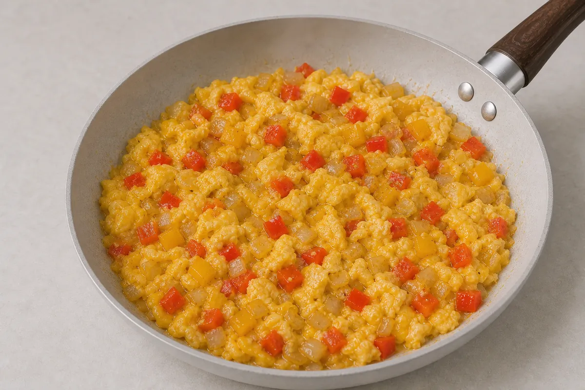 Pour in the eggs and gently for Veggie Breakfast Scramble