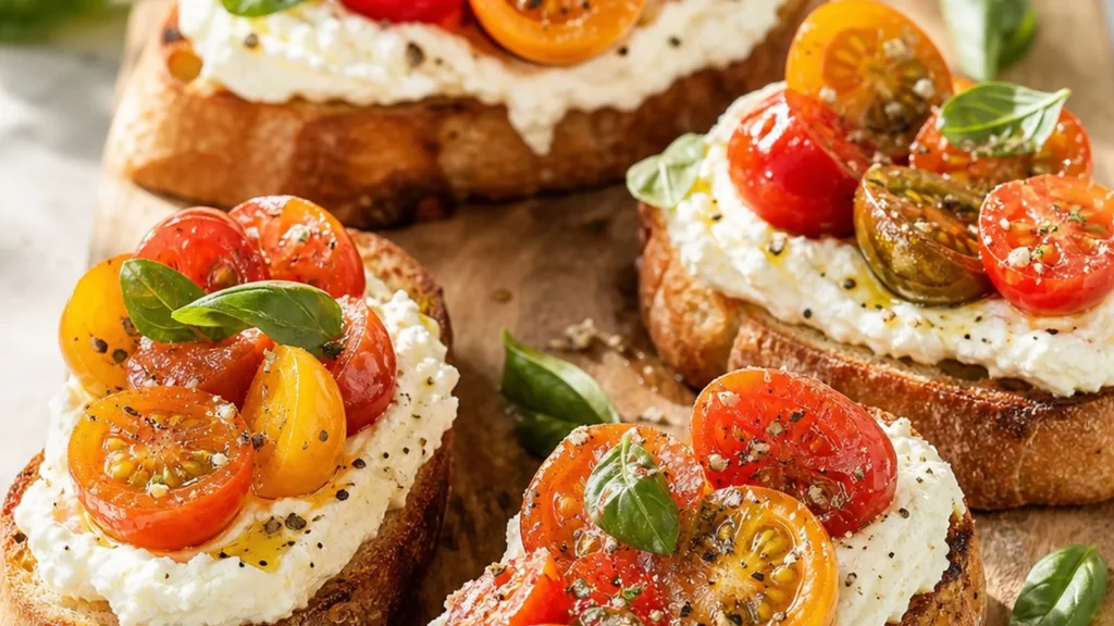 Finished Whipped Feta Tomato Crostini ready to serve