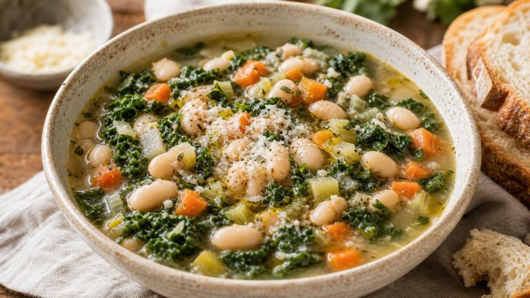 White bean kale soup with vegetables, herbs, and a cozy broth